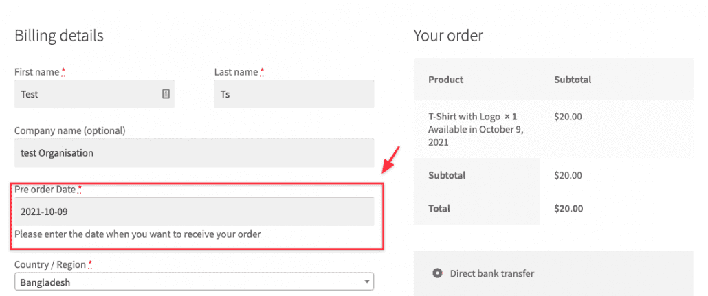 You can check the setting on the checkout page by adding to the cart your preorder product.